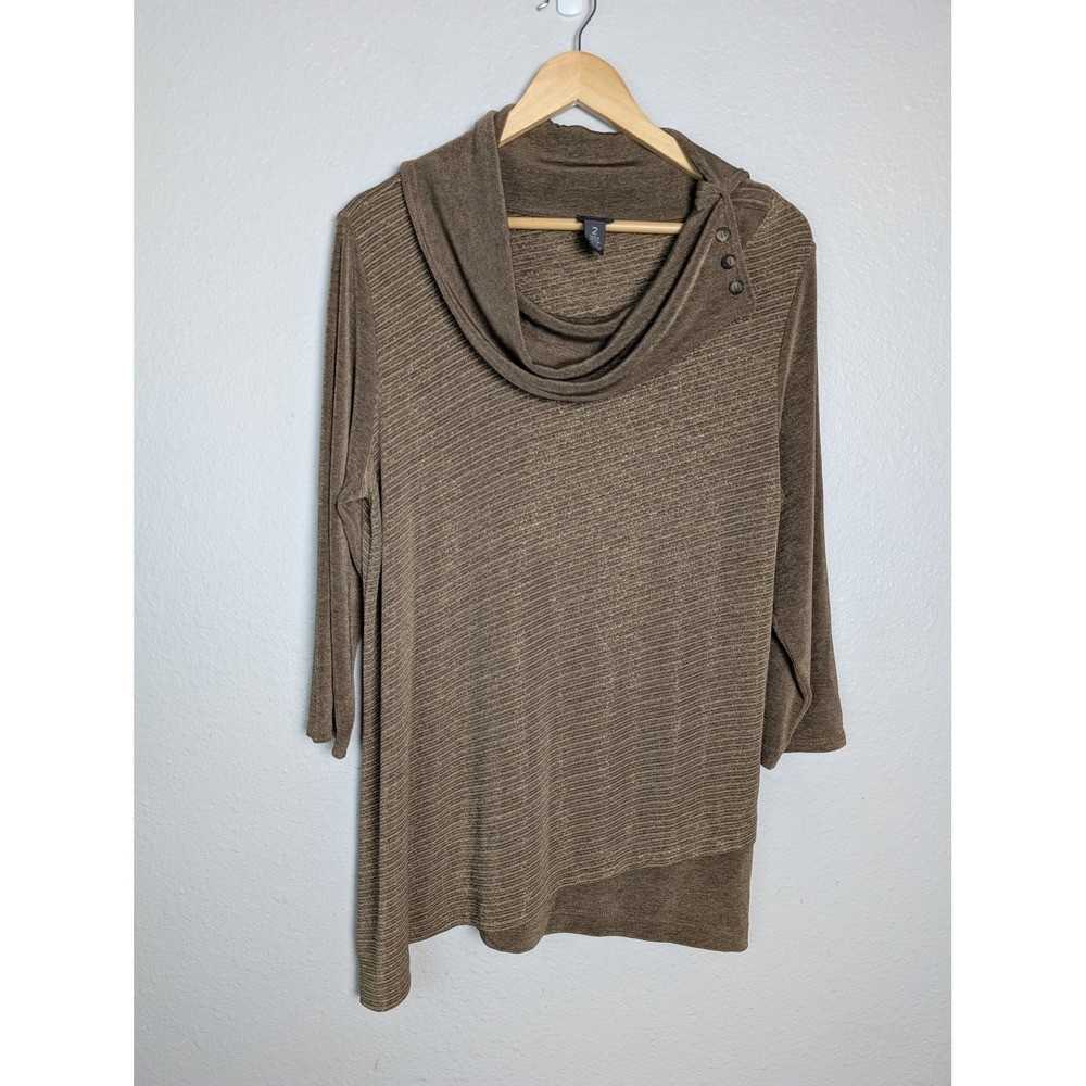 Chico's Tunic Womens 2 Brown Cowl Neck Striped Knit 3/4 Sleeve Button Stretch